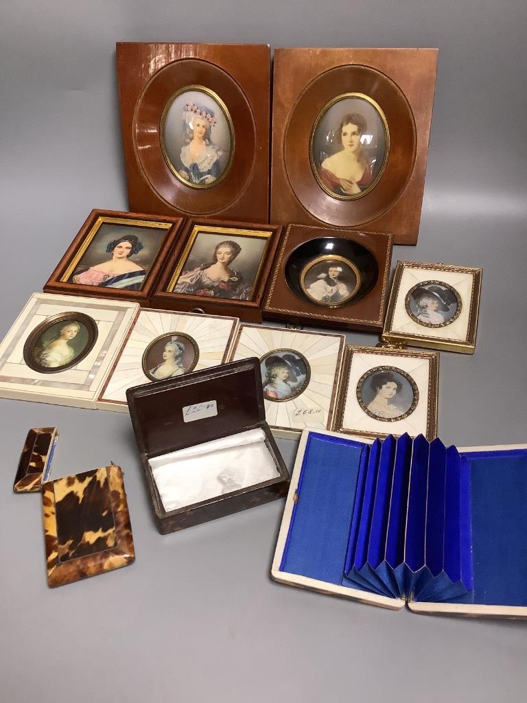 Two Victorian tortoiseshell card cases, a simulated tortoiseshell snuff box and ten framed portrait miniatures.